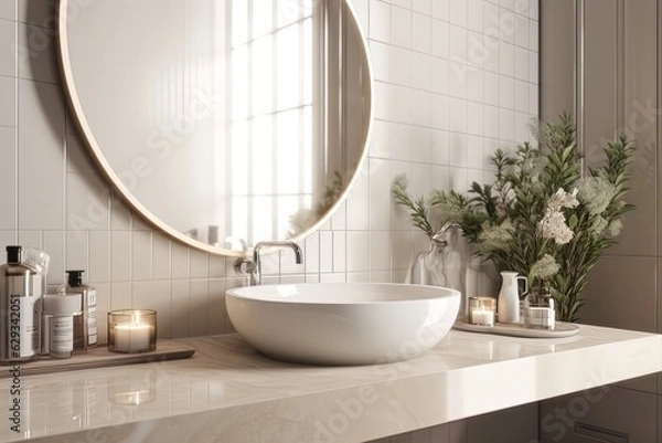 Fototapeta Perspective view of a stylish sunlit minimalist wooden sink cabinet with a round mirror on top with a light wall in the background in pastel colors and flowers. Cosiness. Generative AI