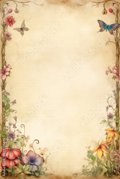 Obraz Aged parchment paper with frame of flowers. Scrapbook, fairytale, AI generative, illustration
