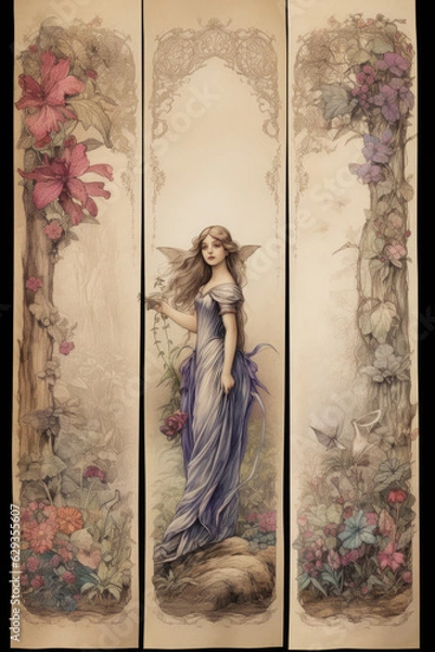 Obraz Aged parchment paper with frame of flowers. Scrapbook, fairytale, AI generative, illustration