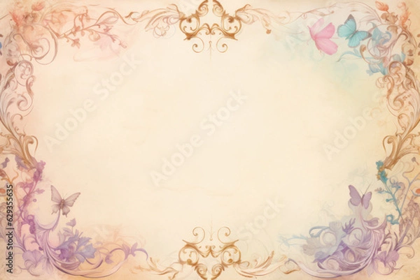 Fototapeta Aged parchment paper with frame of flowers. Scrapbook, fairytale, AI generative, illustration