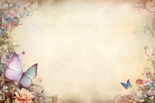 Obraz Aged parchment paper with frame of flowers. Scrapbook, fairytale, AI generative, illustration