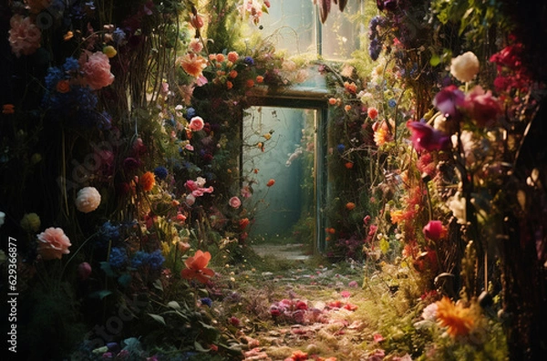Fototapeta "Le Jardin des Esprits" : Un jardin abstrait où des fleurs semblent avoir une vie propre, dansant au gré du vent comme des esprits.
