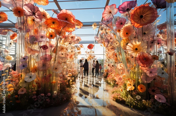Fototapeta "Le Festival des Fleurs" : Un festival abstrait où des fleurs géantes flottent dans les airs, créant une ambiance festive et joyeuse.
