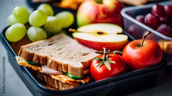 Obraz school lunch with sandwich with tomato and cheese