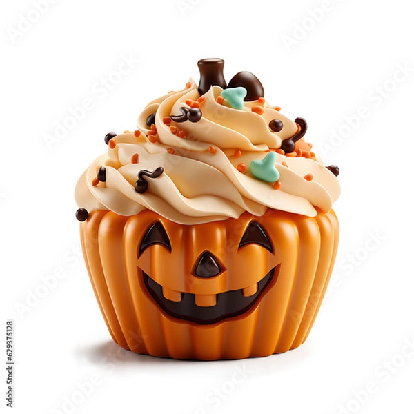 Obraz cute 3d cupcake orange pumpkin halloween on transparent background cutout, PNG file. cartoon Style