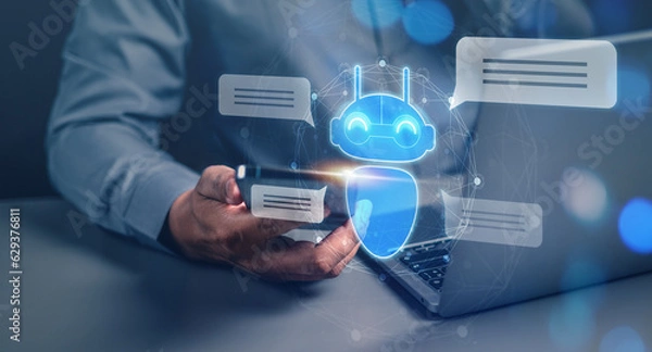 Fototapeta technology, artificial intelligence, robot, ai, futuristic, innovation, business, digital, connection, communication. touching at smartphone to training artificial intelligence and robot innovation.