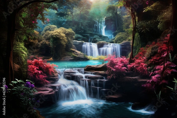 Fototapeta waterfall in the forest ai generative art