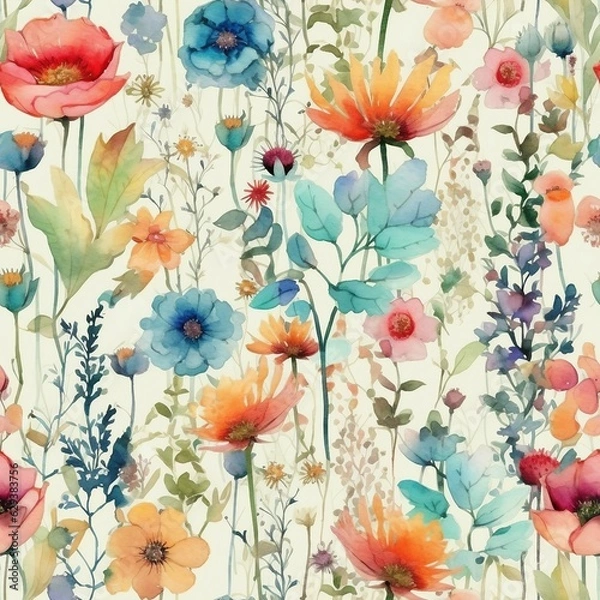 Fototapeta Watercolor Wild Flowers Seamless Repeat Patterns Background 5