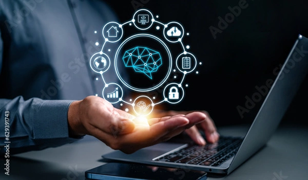 Fototapeta neural, technology, processor, network, link, system, innovation, innovative, ai, artificial intelligence. one hand typing keyboard and another hand show neural links ai technology and IOT is showing.