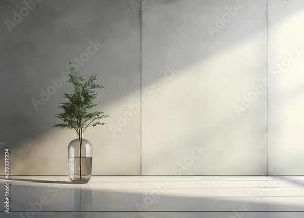 Fototapeta Surreal Minimalism: Glass-Walled Empty Room with Floor Plant in Light Gray: Mockup
