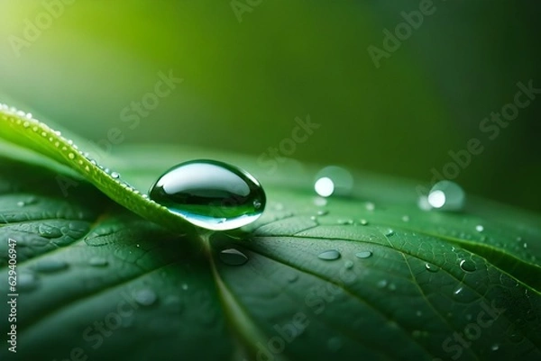 Obraz water drops on green leaf