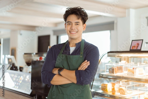 Obraz Young Asian male barista in apron having arms folded and smiling while looking at camera with copy space