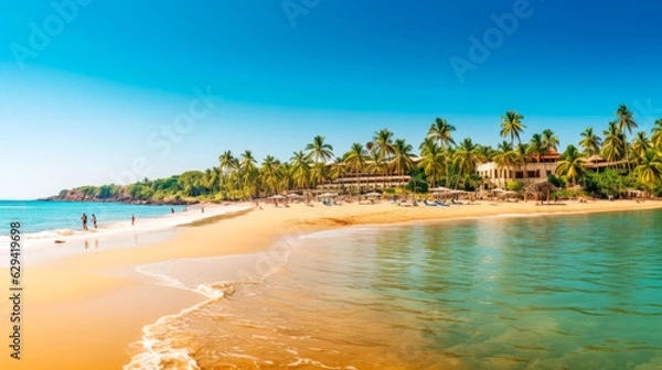 Obraz Tropical Paradise A Sunny Day on the Beach with Palm Trees and White Resort in Goa India AI Generated