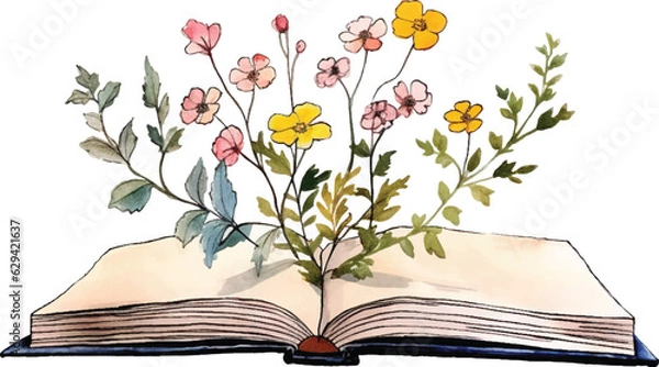 Fototapeta Vector watercolor painting of flowers growing from an old open book, hand-painted isolated on a white background.