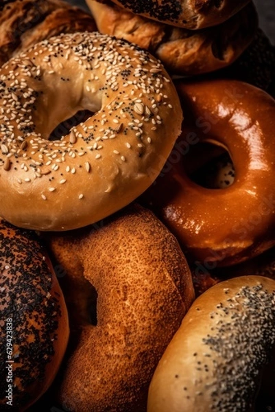 Fototapeta Variety of bagels with sesame seeds on rustic background