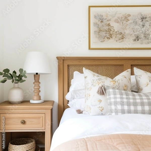 Fototapeta Close-up photos of McGee's studio-style bedroom are decorated with a small vintage frame with modern furnishings with snow-white natural light.