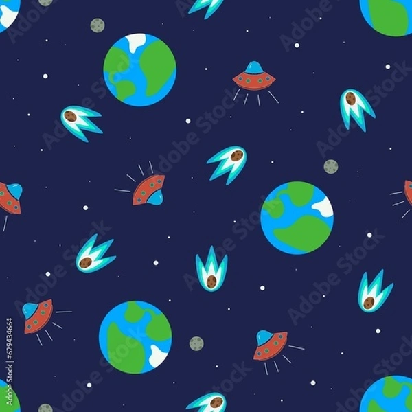 Obraz Planet Earth, comet and alien ship in space seamless pattern for kids