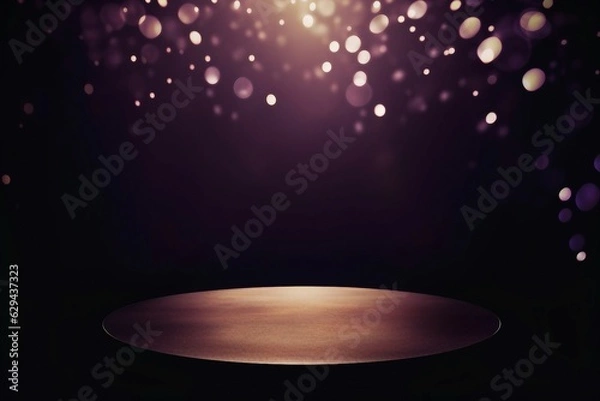 Obraz ダーク紫背景に金色の丸いボケライトと円柱の展示台があるテンプレート。AI生成画像