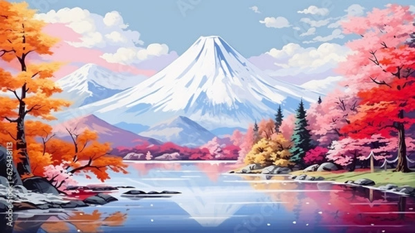 Fototapeta beautiful Mt.Fuji with colorful tree and lake in autumn in Japan in watercolor. illustration, generative ai.