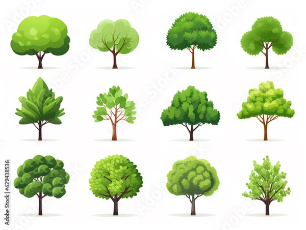 Fototapeta collection set of twelve green trees isolated on white background. illustration, generative ai.