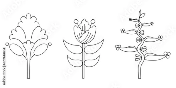 Fototapeta A set of three stylized flowers, Contour drawing, floral element