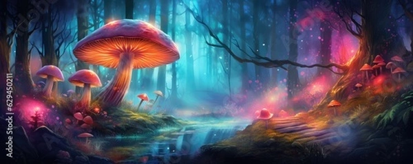 Fototapeta Magic mushroom pattern in fairy tale woods, nature wallpaper, panorama. Generative Ai.