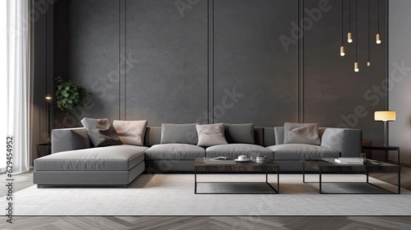 Fototapeta View inside a modern  living room with grey walls and a big sofa. Generative AI.