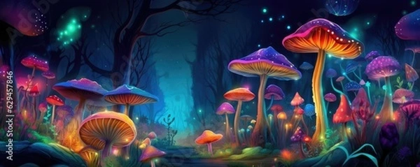 Fototapeta Magic mushroom pattern in fairy tale woods, nature wallpaper, panorama. Generative Ai.