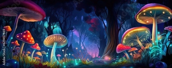 Fototapeta Magic mushroom pattern in fairy tale woods, nature wallpaper, panorama. Generative Ai.