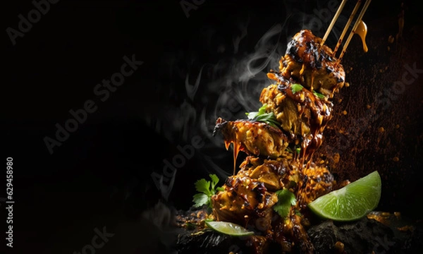 Fototapeta Spicy barbecued grilled beef satay skewers with peanut butter sauce with fresh and lemon on a dark background, Food .