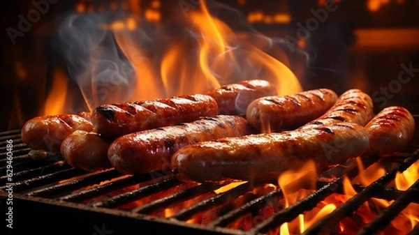 Fototapeta kiełbasa, merguez na grillu, kiełbasa na grillu, letnia impreza, pieczone mięso, kurczak, wieprzowina, jagnięcina, pikantne mięso, płomienie, tradycyjne grill, amerykańskie jedzenie, grillowane mięso, grill