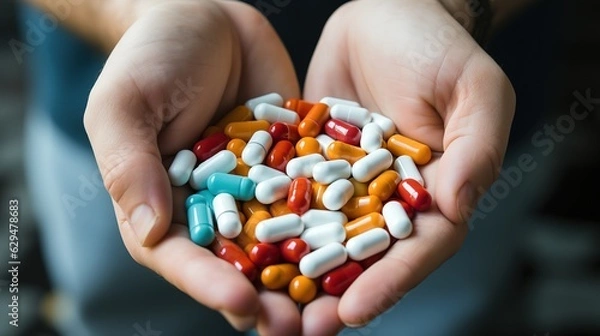 Fototapeta In the hands of a handful of pills from various diseases. Help with depression. Generative AI