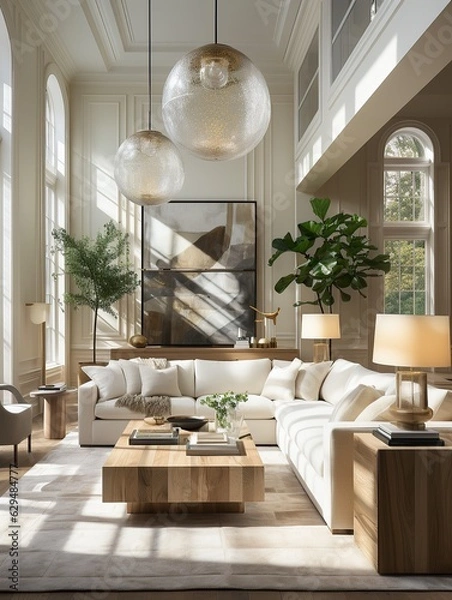 Fototapeta This minimalistic living room, featuring a cozy wooden couch, a modern table, an indoor plant, and other elegant furniture, creates a warm and inviting atmosphere that is perfect for both entertainin