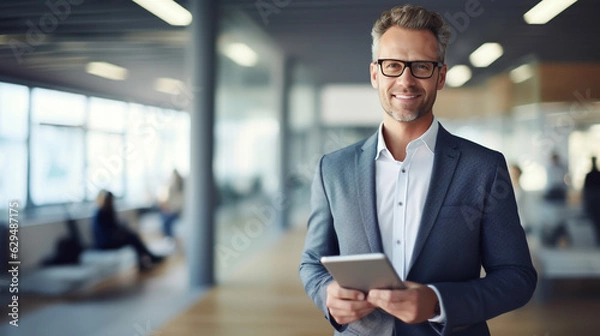 Obraz Portrait Businessman or Manager with Tablet PC in Hand - Theme Digitalization, Business Partner or Management - Generative AI