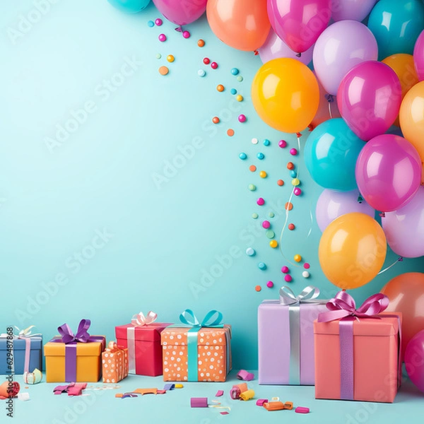 Obraz Colorful child birthday card with balloons and gifts, with space for text