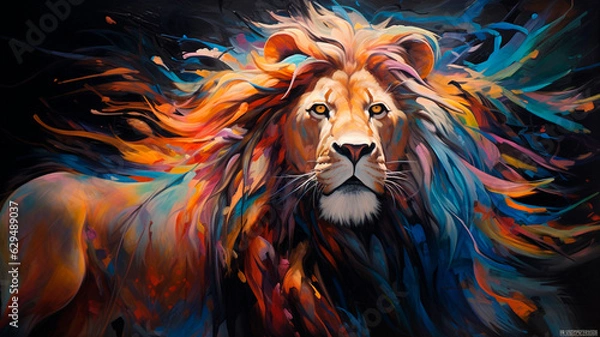 Fototapeta lion head in colorful abstract art background. Generative AI