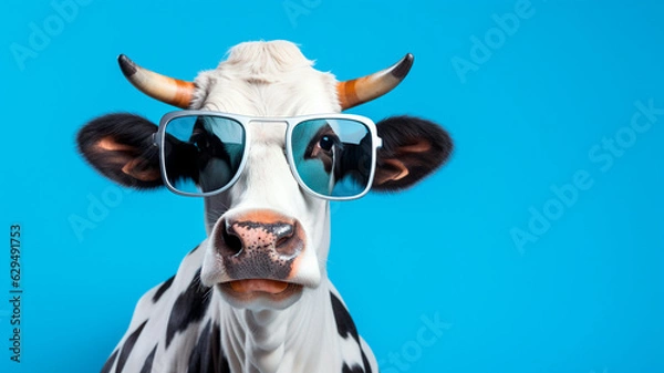 Fototapeta portrait of a cow with sunglasses. Generative AI