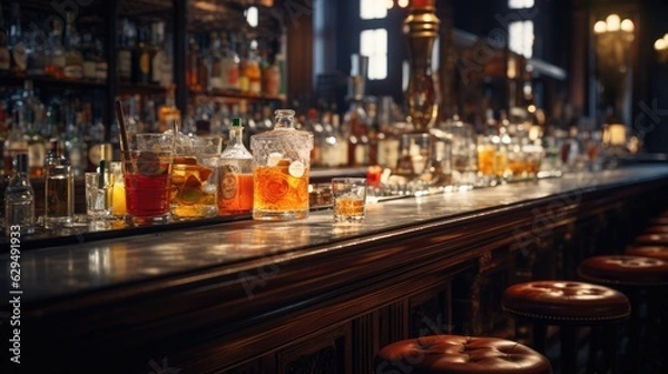 Fototapeta Bar cocktails Old fashioned negroni with orange on counter.Cocktail close up in a bar setting. Blurred people in the background. Selective focus on the icy drink and glass.