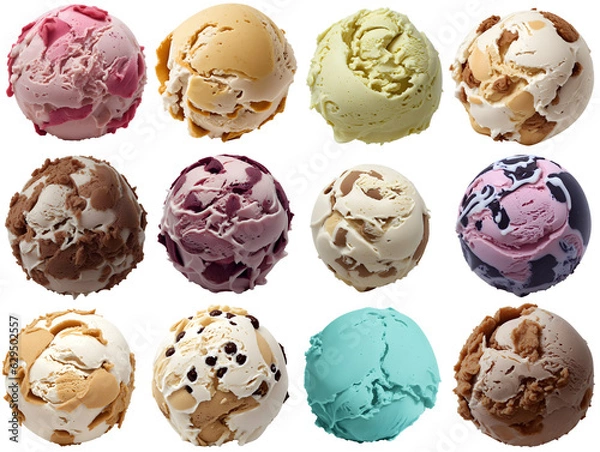Fototapeta set of delicious ice cream balls / scoops, isolated on transparent background cutout - png - different flavors mockup for design - image compositing footage - alpha channel