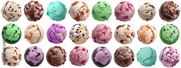 Fototapeta collection of delicious ice cream balls / scoops, isolated on transparent background cutout - png - different flavors mockup for design - image compositing footage - alpha channel