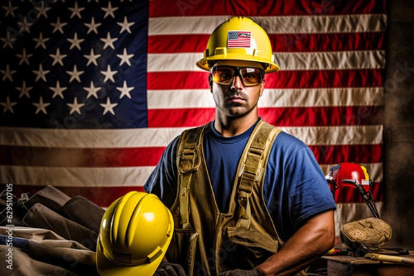 Fototapeta a construction worker with yellow hard hat in front of an american flag. labour day photo