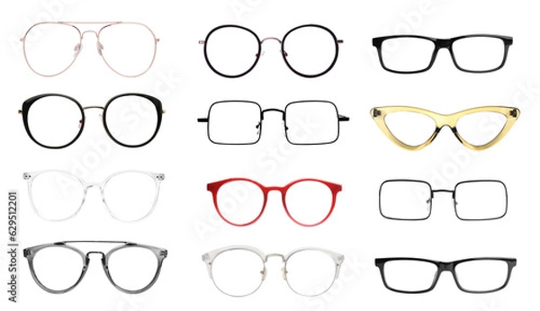 Fototapeta Set with different eyeglasses isolated on white