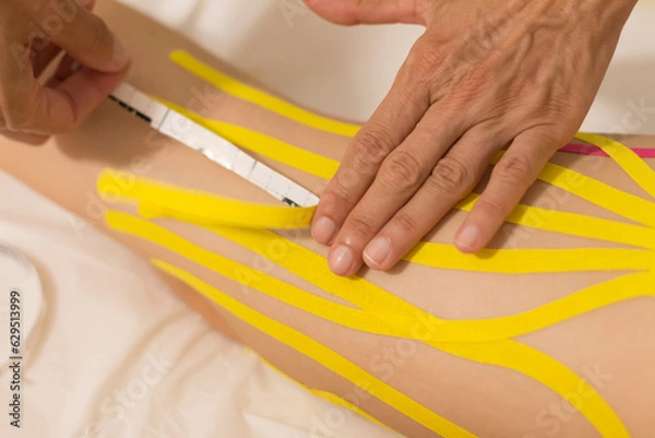 Fototapeta Holistic medicine and treatment with elastics soaked in medical substances on a young woman's legs.