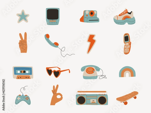 Fototapeta Set of retro elements from the 80s and 90s. Audio cassette, tape recorder, mobile phone, skateboard, joystick, handset phone. Vector flat trend illustration.