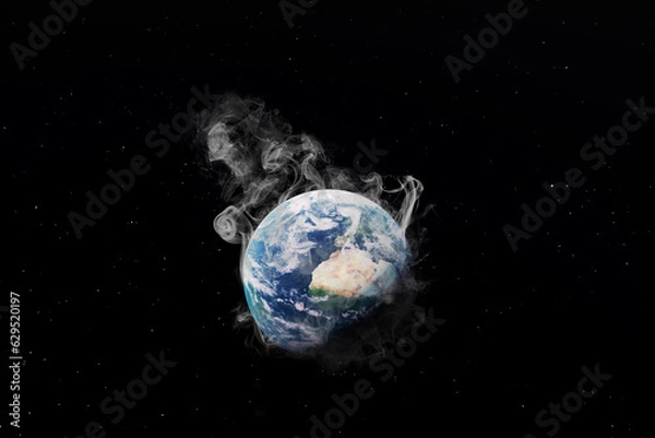 Fototapeta Planet Earth on fire and smoke on dark background. 3D Rendering Illustration Wildfire political concept idea