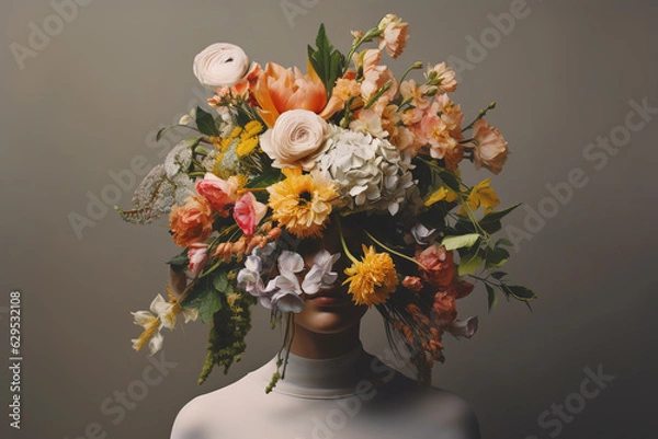 Obraz Abstract portrait of a woman with bouquet of flowers on her head. Spring, vintage, flowers illustration. AI generative