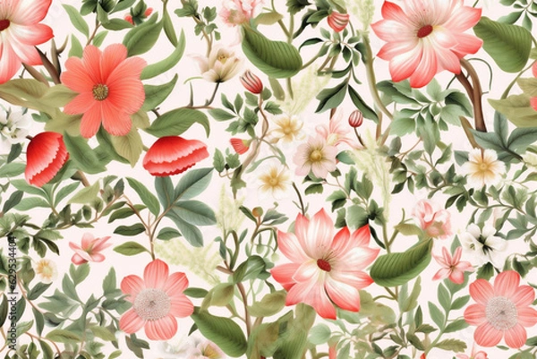 Fototapeta spring textile summer flower pattern leaf wallpaper art fabric drawing. Generative AI.