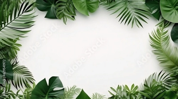Fototapeta Generative AI : Creative layout made of colorful tropical leaves on white background. Minimal summer exotic concept with copy space. Border arrangement.