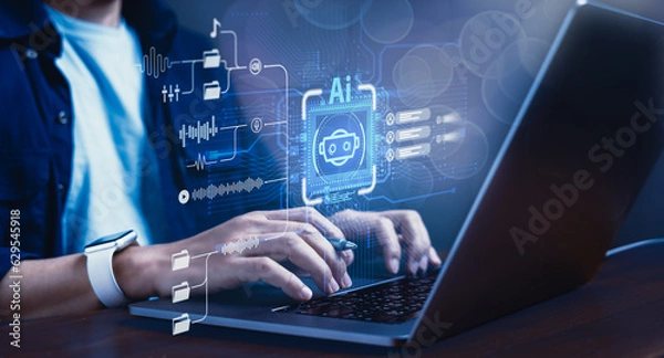Obraz Innovative AI Prompt, Man Creating Sound Automatic Generation with Virtual Screen