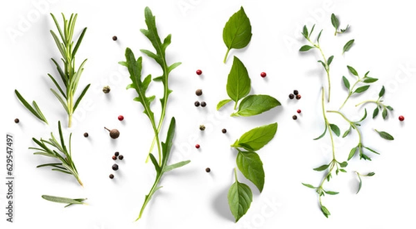 Fototapeta Świeże śródziemnomorskie zioło i przyprawy z prawdziwym przezroczystym cieniem izolowanym na przezroczystym tle. PNG Food Tło Element